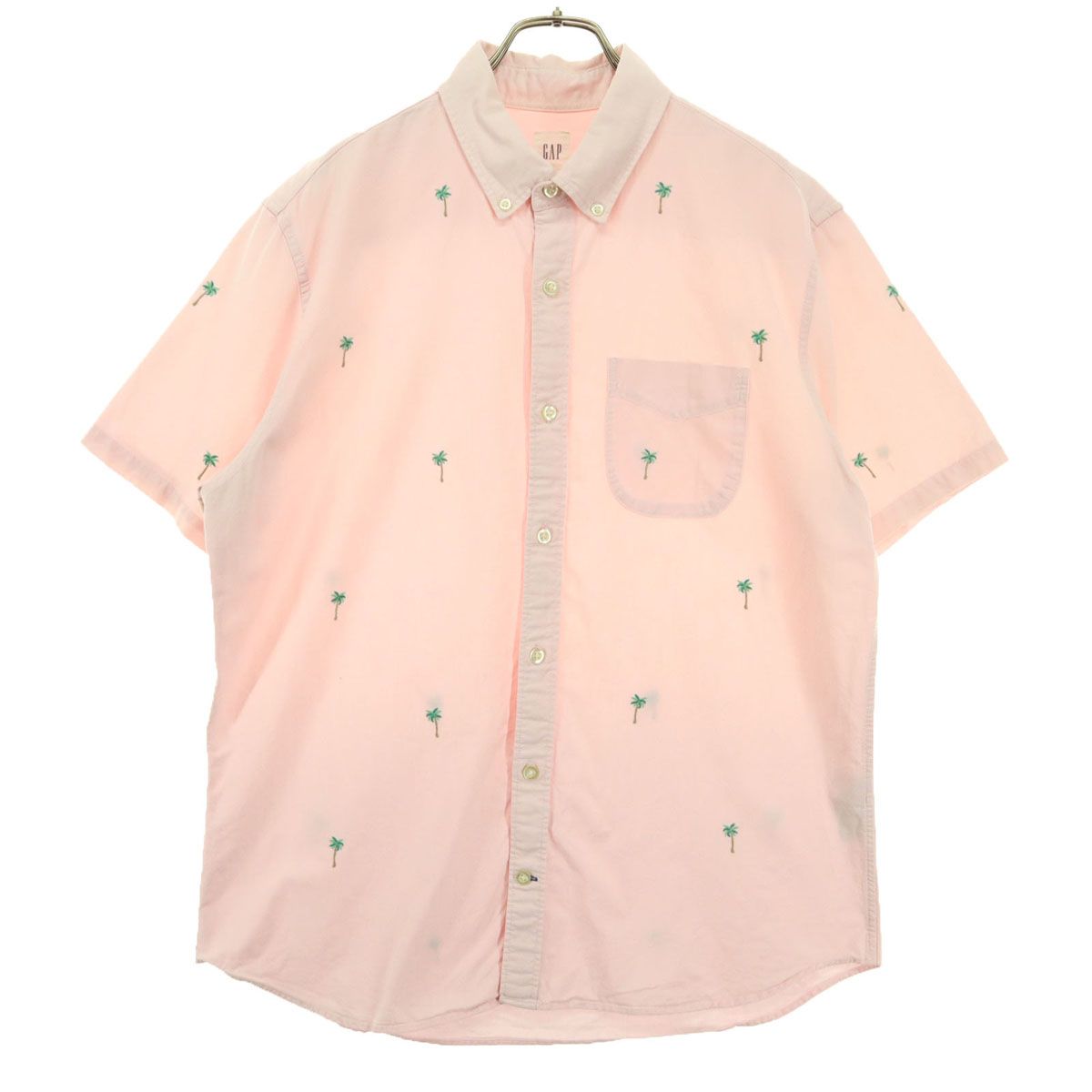 GAP ギャップ 刺繍 ヤシの木 半袖 コットンシャツ L ピンク系 胸ポケット