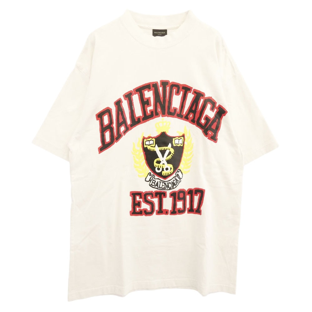 BALENCIAGA バレンシアガ Tシャツ 23SS 739784 TOVK1 ミディアムフィット カレッジロゴ プリント ダメージ加工 半袖 Tシャツ カットソー ホワイト系 XS【中古】