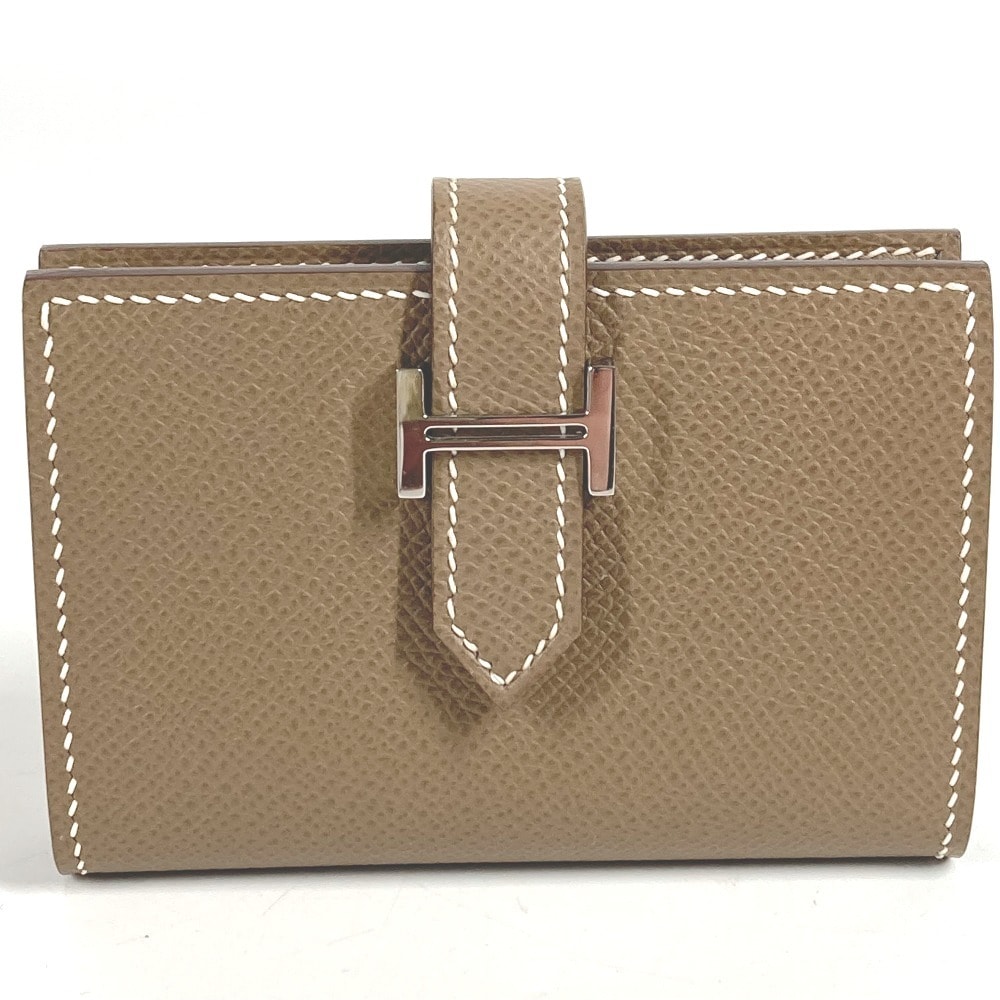 エルメス HERMES ベアン Hロゴ 名刺入れ パスケース 2つ折り カードケース レザー W刻 エトゥープ ベージュ系