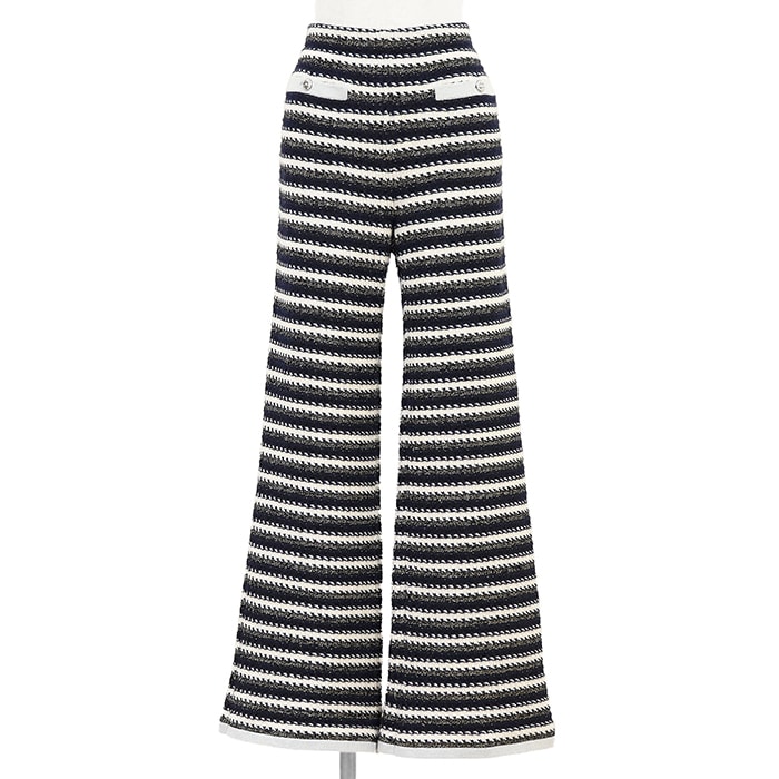 【新品同様】CHANEL シャネル ワイドパンツ サイズ 40 レディース P73594 ニット ボーダー COCOマーク ボタン カシミヤ × アルパカ ラメ糸 サイドファスナー ボトムス ネイビー ホワイト 紺 白 イタリア製 ヴィルジニー・ヴィアール期