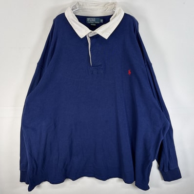 古着 90's/90年代 ポロバイラルフローレン Polo by Ralph Lauren 長袖 ラガーシャツ ワンポイント ロゴ 刺繍 エルボーパッチ 大きいサイズ 5XB ネイビー系 無地 メンズ