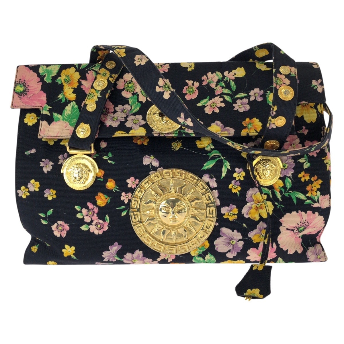 美品 VERSACE ヴェルサーチ ヴィンテージ サンバースト メデューサ マルチカラー ゴールド金具 キャンバス ショルダーバッグ トートバッグ 604296 【中古】