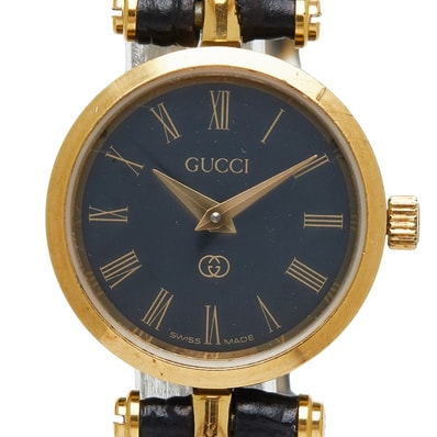 グッチ 腕時計 社外ベルト クオーツ ブラック文字盤 メッキ レザー レディース GUCCI 【中古】