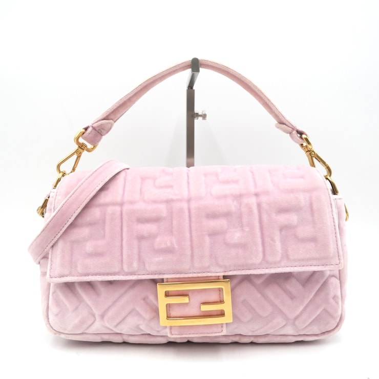 FENDI(フェンディ)バゲット FFロゴ ベルベット 2WAY ショルダーバッグ ハンドバッグ ピンク ゴールド金具 レディース【中古】