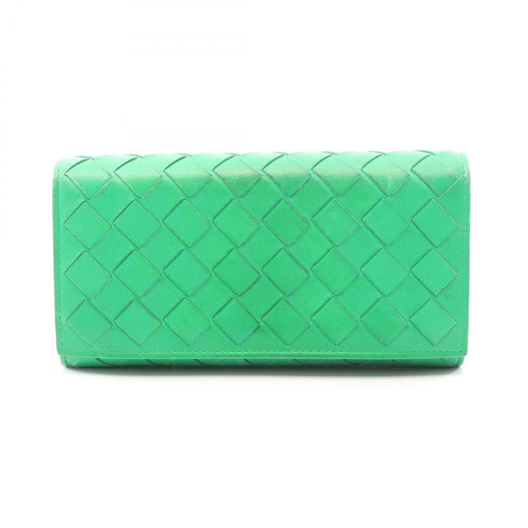 ボッテガヴェネタ BOTTEGA VENETA イントレチャート 二つ折り長財布 財布 レザー レディース グリーン系 【中古】