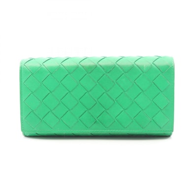 ボッテガヴェネタ BOTTEGA VENETA イントレチャート 二つ折り長財布 財布 レザー レディース グリーン系 【中古】