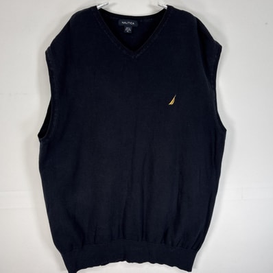 古着 ノーティカ NAUTICA ベスト ニット ロゴ 刺繍 大きいサイズ XL ネイビー 無地 メンズ