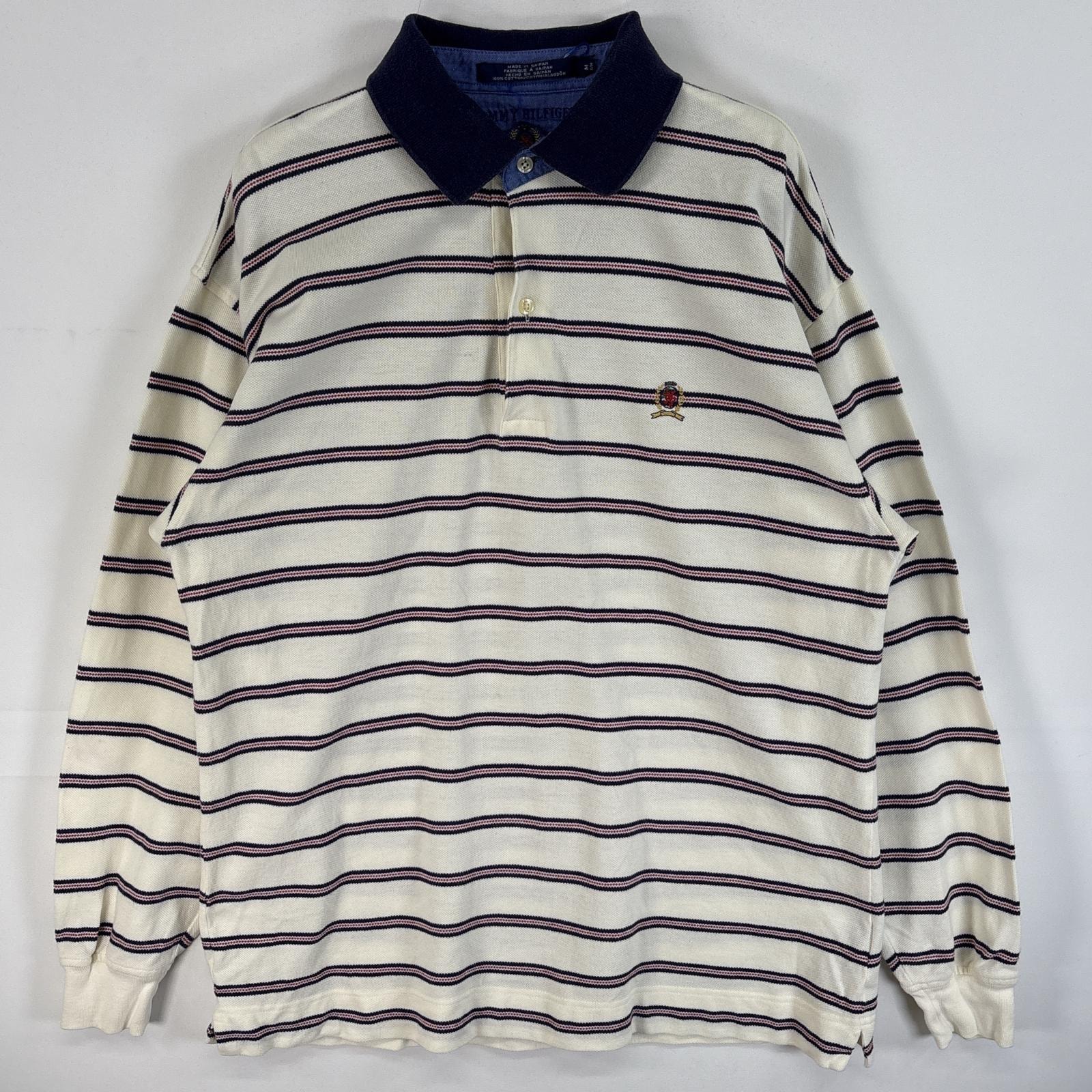 古着 90's/90年代 トミーヒルフィガー TOMMY HILFIGER 鹿の子 長袖 ポロシャツ 2ボタン ロゴ 刺繍 襟切替 M  ホワイト系 ボーダー メンズ