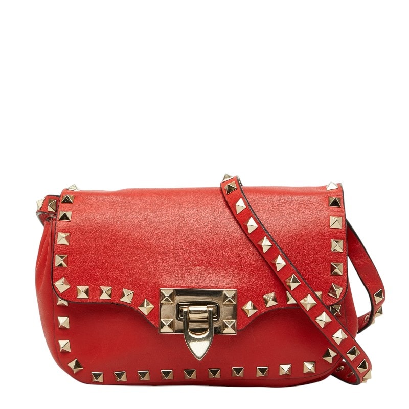 ヴァレンティノ ロックスタッズ 斜め掛け ショルダーバッグ レッド レザー レディース VALENTINO 【中古】