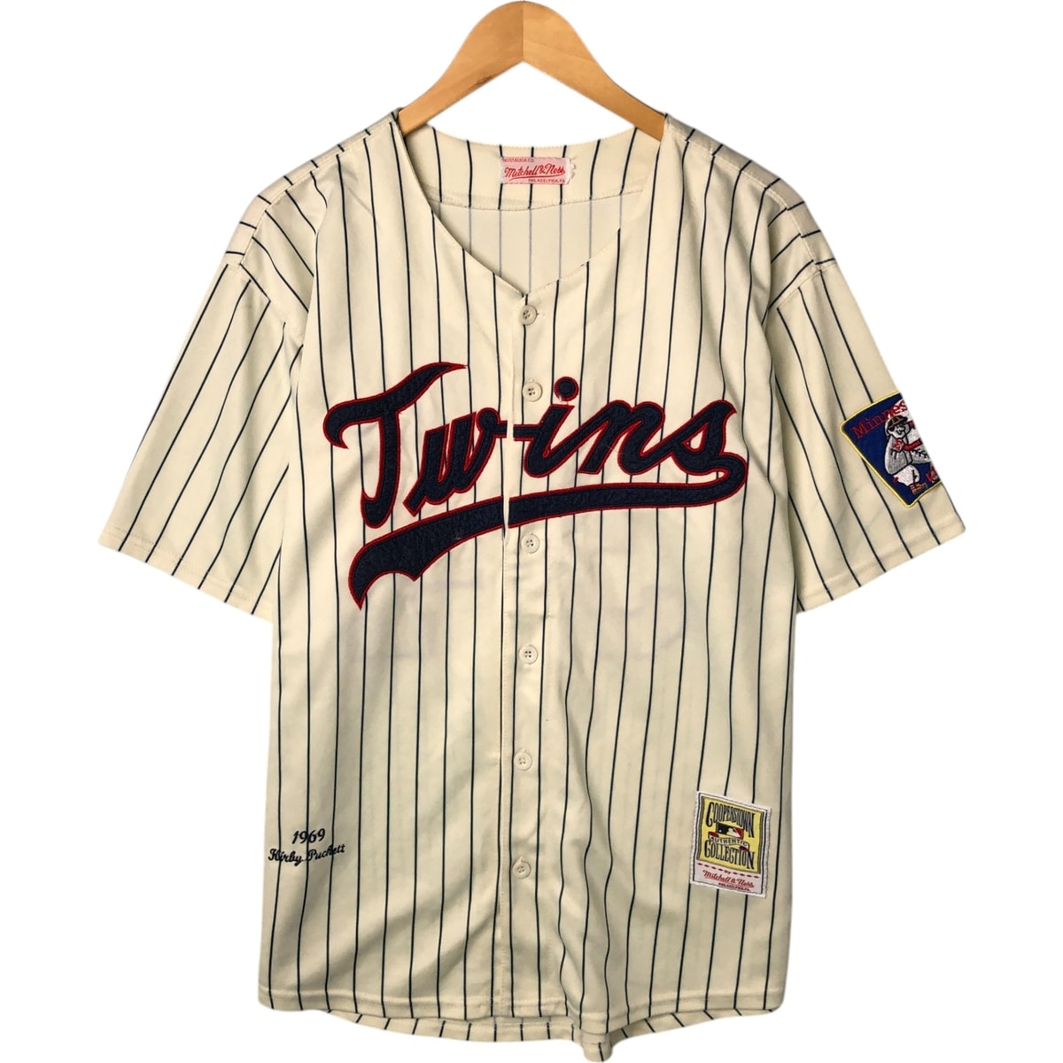 古着 ミッチェルアンドネス Mitchell & Ness MLB MINNESOTA TWINS ミネソタツインズ ストライプ柄 ゲームシャツ ベースボールシャツ メンズL相当/eaa528949