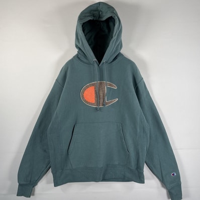 古着 チャンピオン Champion パーカー リバースウィーブ 復刻 ビッグブランドロゴ ワッペン マフポケット MEDIUM ブルー系 メンズ