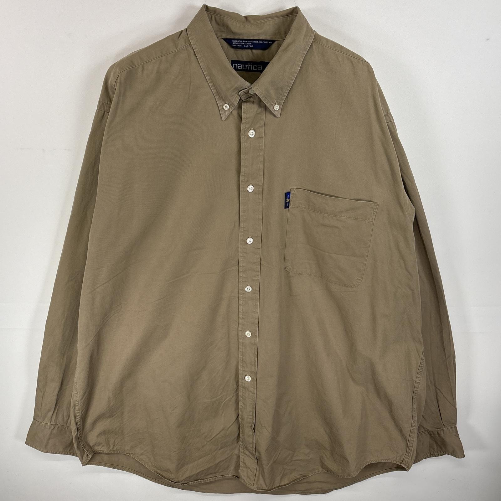 古着 90's/90年代 ノーティカ NAUTICA 長袖シャツ ワンポイント ロゴ ボタンダウンシャツ 胸ポケ 14041  ベージュ 無地 メンズ