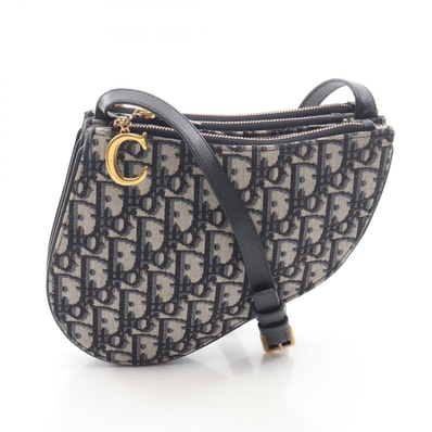 ディオール Dior SADDLE サドル ポーチ オブリーク ショルダーバッグ バッグ キャンバス レザー レディース ベージュ系 / ネイビー系 【中古】