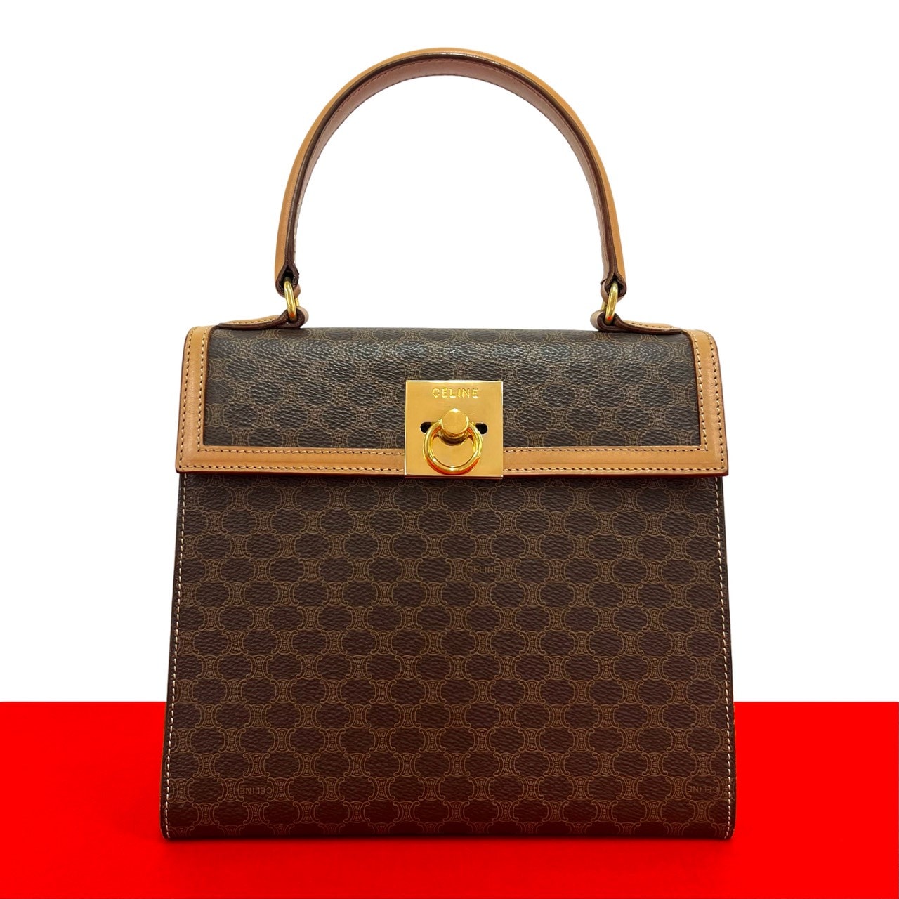 CELINE セリーヌ マカダム 柄 ロゴ リング 金具 PVC レザー ハンドバッグ ブラウン
79827