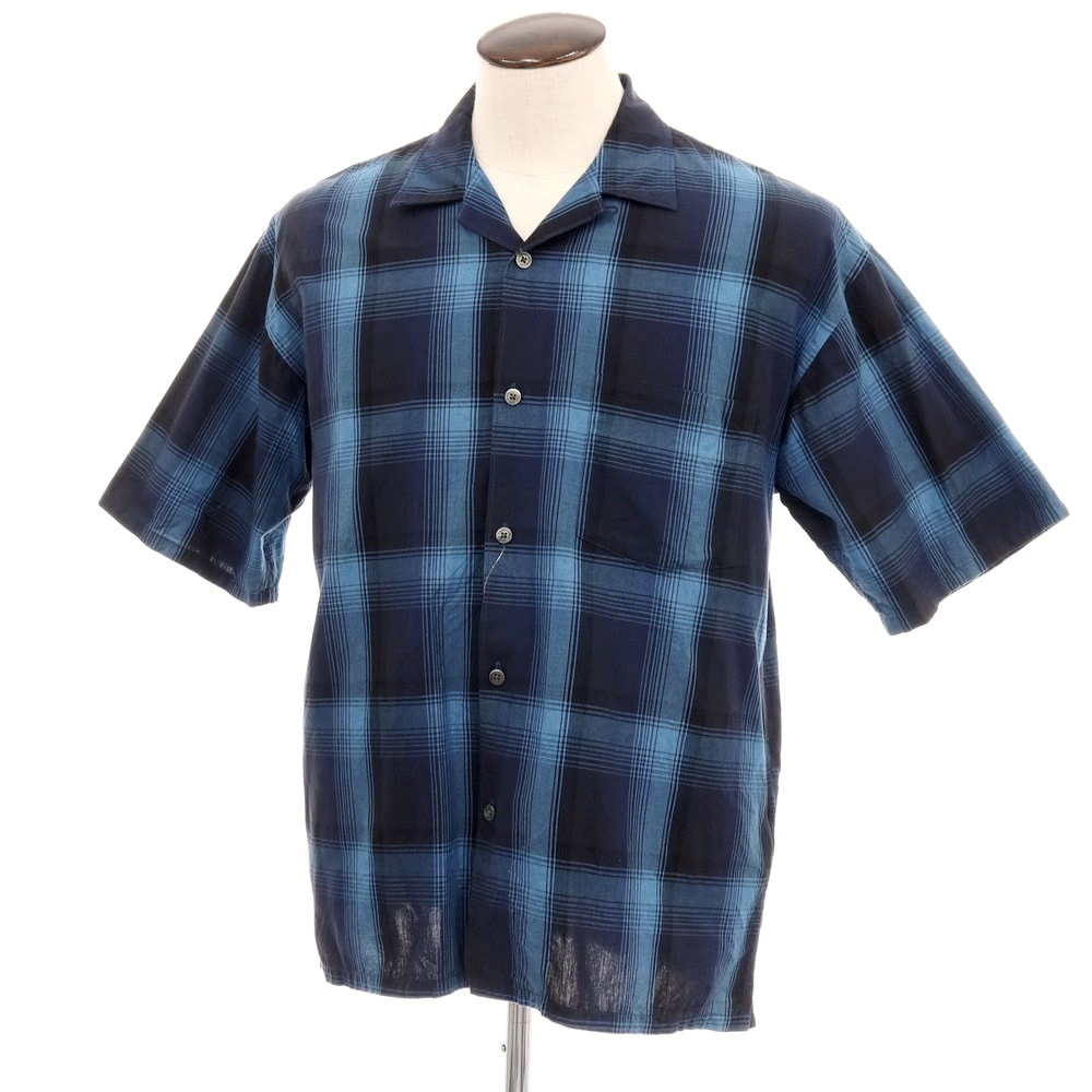 【中古】ビームス BEAMS the A コットン チェック オープンカラー 半袖シャツ ネイビーxブルー【サイズL】【メンズ】