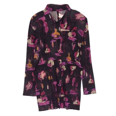 PLEATS PLEASE プリーツプリーズ イッセイミヤケ ブラウス PP71-JJ902 Perfume Design Graphics Shirt Top パフューム グラフィック 総柄 プリーツ加工 ブラウス ブラック系 4【美品】【中古】