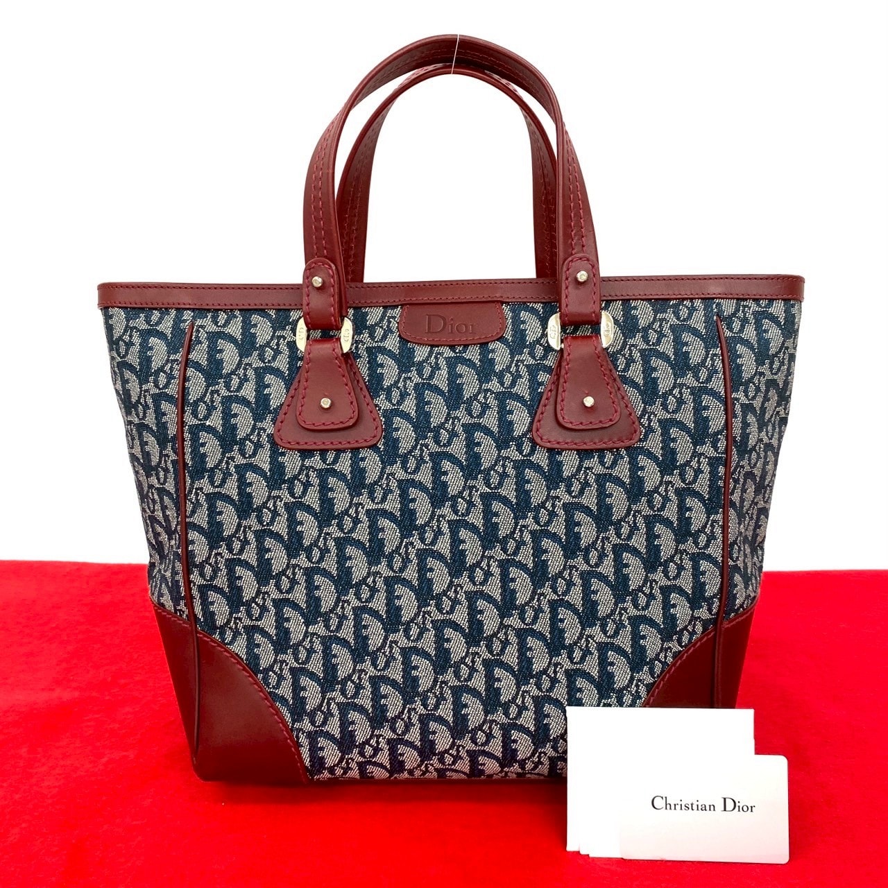 Christian Dior ディオール ロゴ トロッター 柄 キャンバス レザー ハンドバッグ ワインレッド
 27347