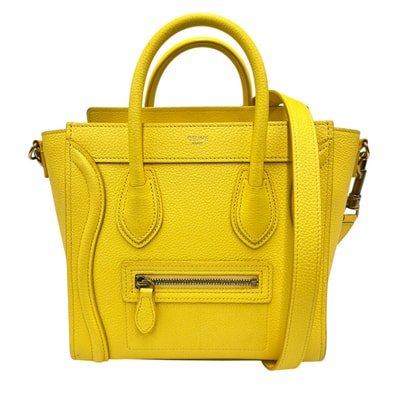 CELINE 希少 極美品 セリーヌ ラゲージ ナノ ショッパー 2way ハンドバッグ ショルダーバッグ 168243 レザー イエロー クロスボディ ポシェット Aランク 鑑定済 中古 セリーヌバッグ