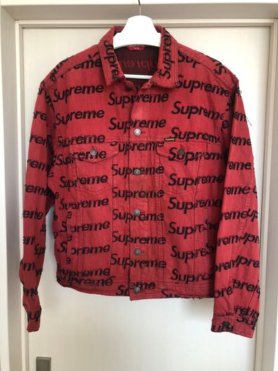 Supreme Frayed Logos Denim Trucker Jacket "Red"