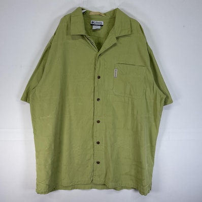 古着 コロンビア Columbia 半袖シャツ アロハ シルク 大きいサイズ 魚 XL グリーン 総柄 メンズ