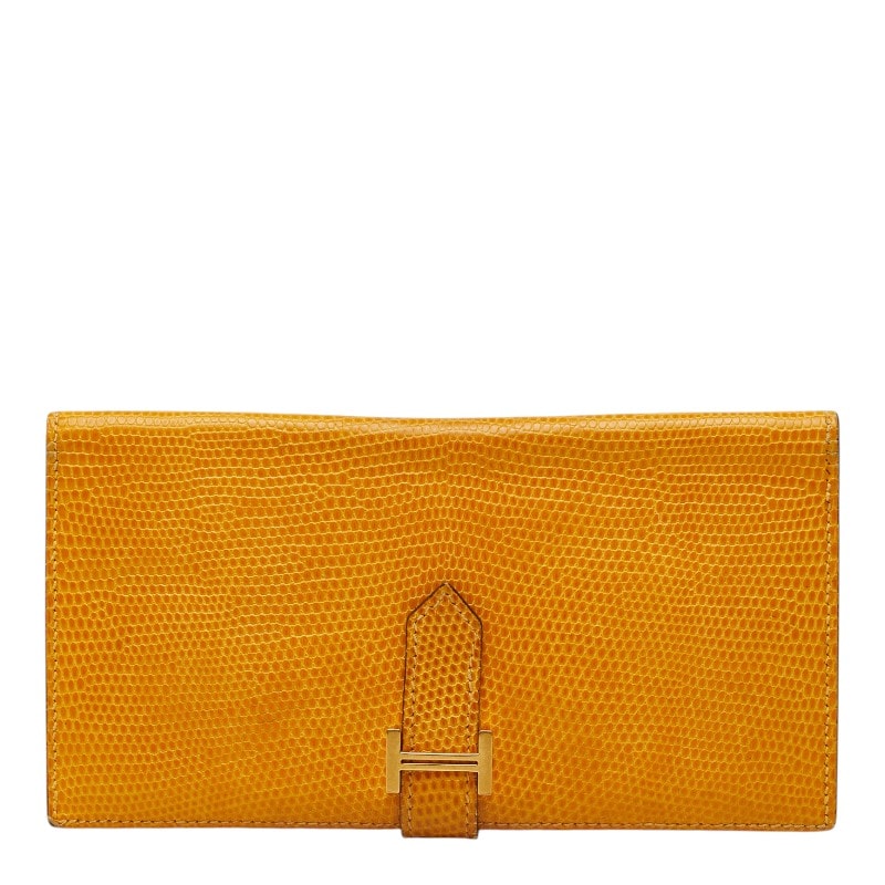 エルメス ベアン クラシック 二つ折り 長財布 イエロー ゴールド金具 リザード レディース HERMES 【中古】