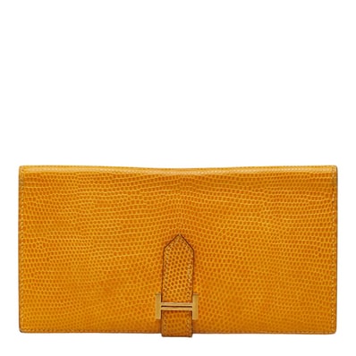 エルメス ベアン クラシック 二つ折り 長財布 イエロー ゴールド金具 リザード レディース HERMES 【中古】