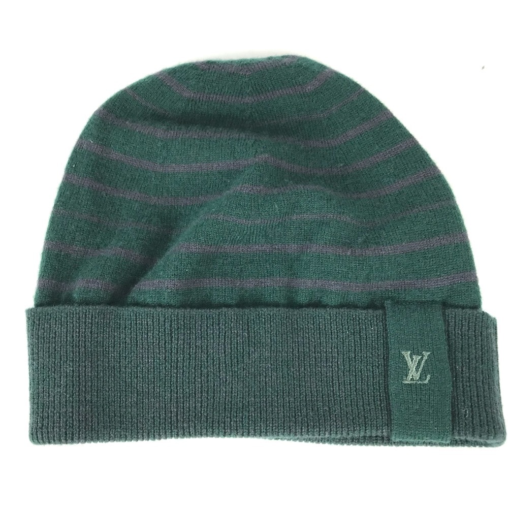 ルイヴィトン LOUIS VUITTON ボーダー LVロゴ ビーニー 帽子 ニット帽 ニットキャップ ニット帽 ウール グリーン