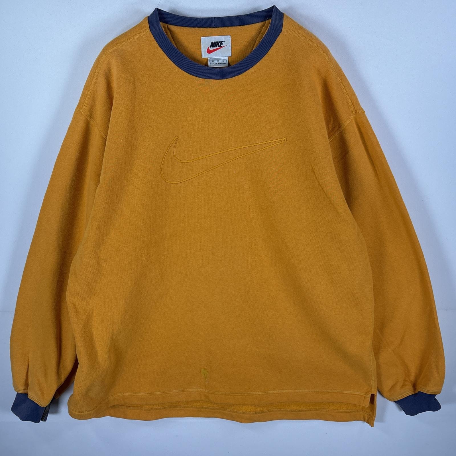 古着 90's/90年代 ナイキ NIKE スウェット 銀タグ スウッシュ ビッグロゴ刺繍  リンガー クルーネック M イエロー パープル メンズ