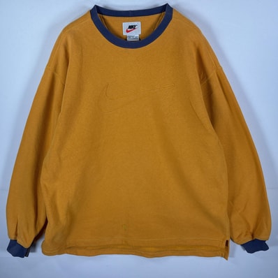 古着 90's/90年代 ナイキ NIKE スウェット 銀タグ スウッシュ ビッグロゴ刺繍 リンガー クルーネック M イエロー パープル メンズ