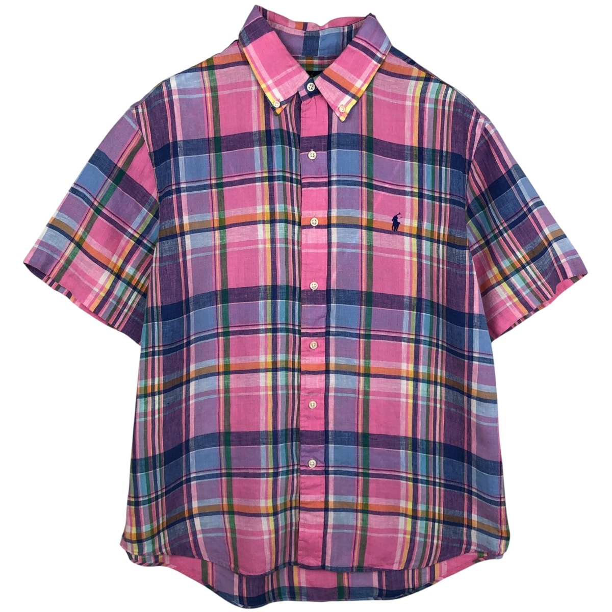 古着 ラルフローレン Ralph Lauren チェック柄 半袖 リネン ボタンダウンシャツ メンズL相当/eaa612010