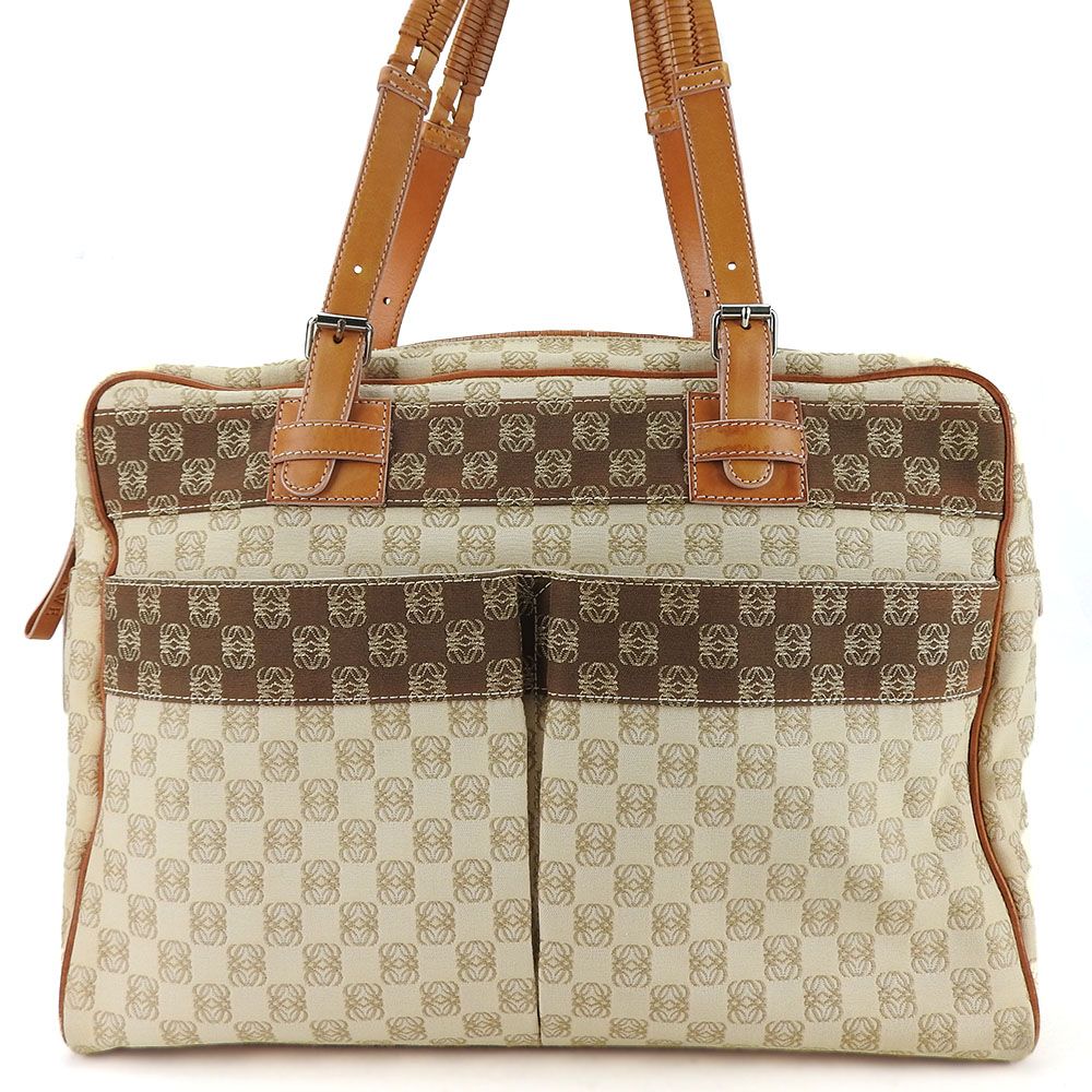 【中古】 ロエベ トートバッグ アナグラム キャンバス レザー ベージュ ブラウン シルバー金具 ビジネスバッグ レディース 女性 LOEWE