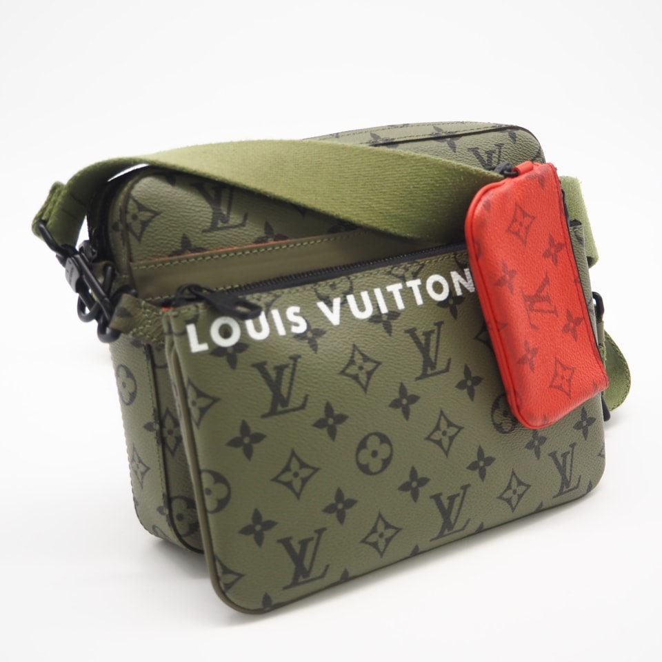 美品 LOUIS VUITTON ルイ・ヴィトン モノグラム トリオメッセンジャー M23783 2wayショルダーバッグ カーキ レッド コーティングキャンバス メンズ