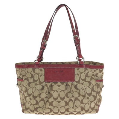 美品 COACH コーチ シグネチャー ベージュ レッド シルバー金具 キャンバス レザー/ トートバッグ ショルダーバッグ 602662 【中古】