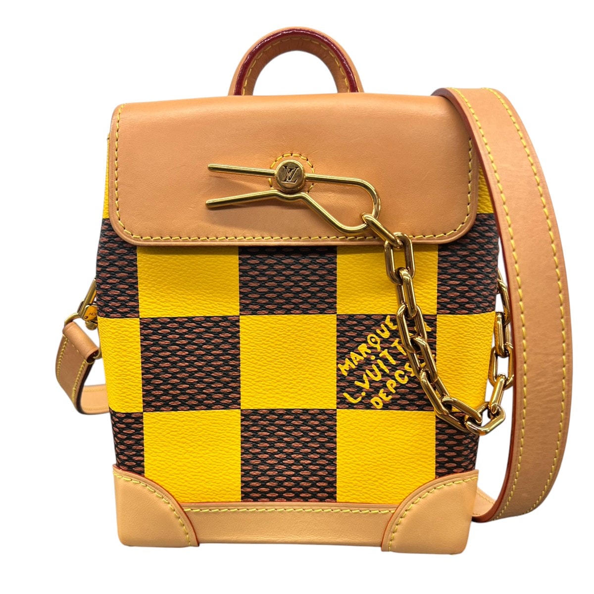 LOUIS VUITTON 極美品 ルイヴィトン ナノスティーマー ダミエポップ ショルダーバッグ N40536 RFID確認済 PVC レザー イエロー ブラウン ポシェット ハンドバッグ チェーン チェック ヴィトン Aランク 鑑定済 中古 ヴィトンバッグ