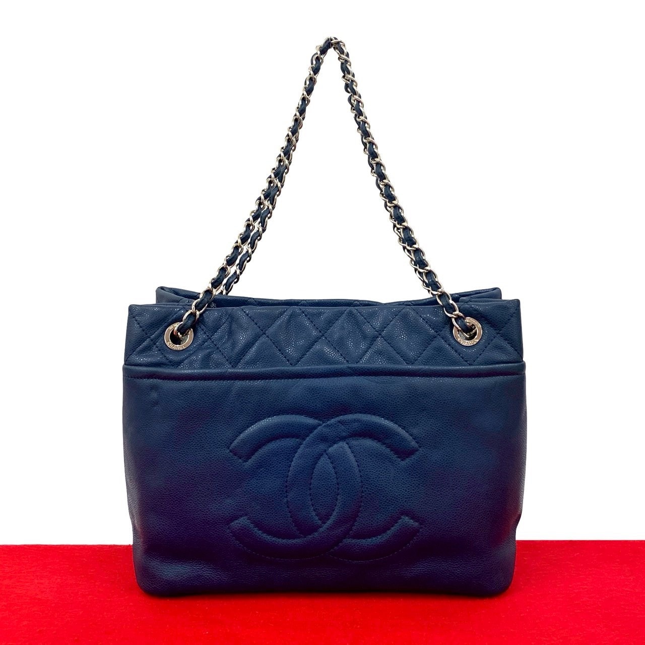 CHANEL シャネル マトラッセ ココマーク キャビアスキン トートバッグ ネイビー
 30669