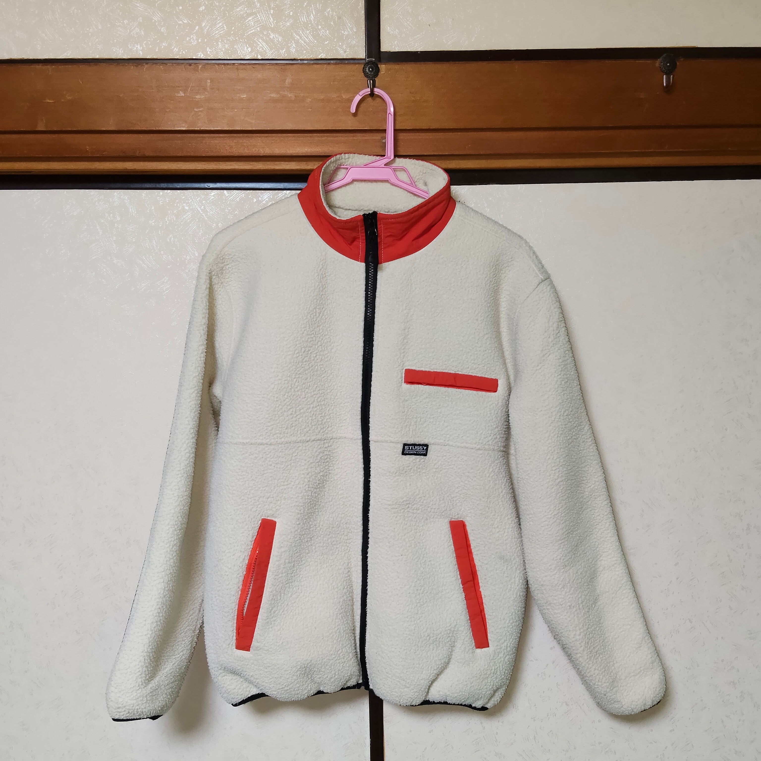 STUSSY ステューシー シェルパ ボア フリースジャケット モックネック ジップアップ オフホワイト オレンジ ブラック Sサイズ