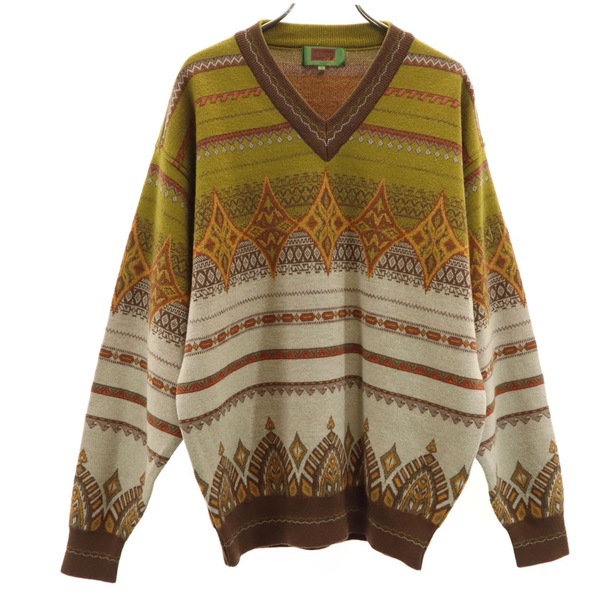 KENZO GOLF ケンゾーゴルフ 90s ウール オールド 総柄 長袖 Vネック セーター 3 ブラウン系 ニット