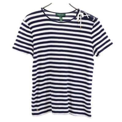 LAUREN RALPH LAUREN ローレンラルフローレン ボーダー 半袖 シャツ L ネイビー×ホワイト レースアップ リボン