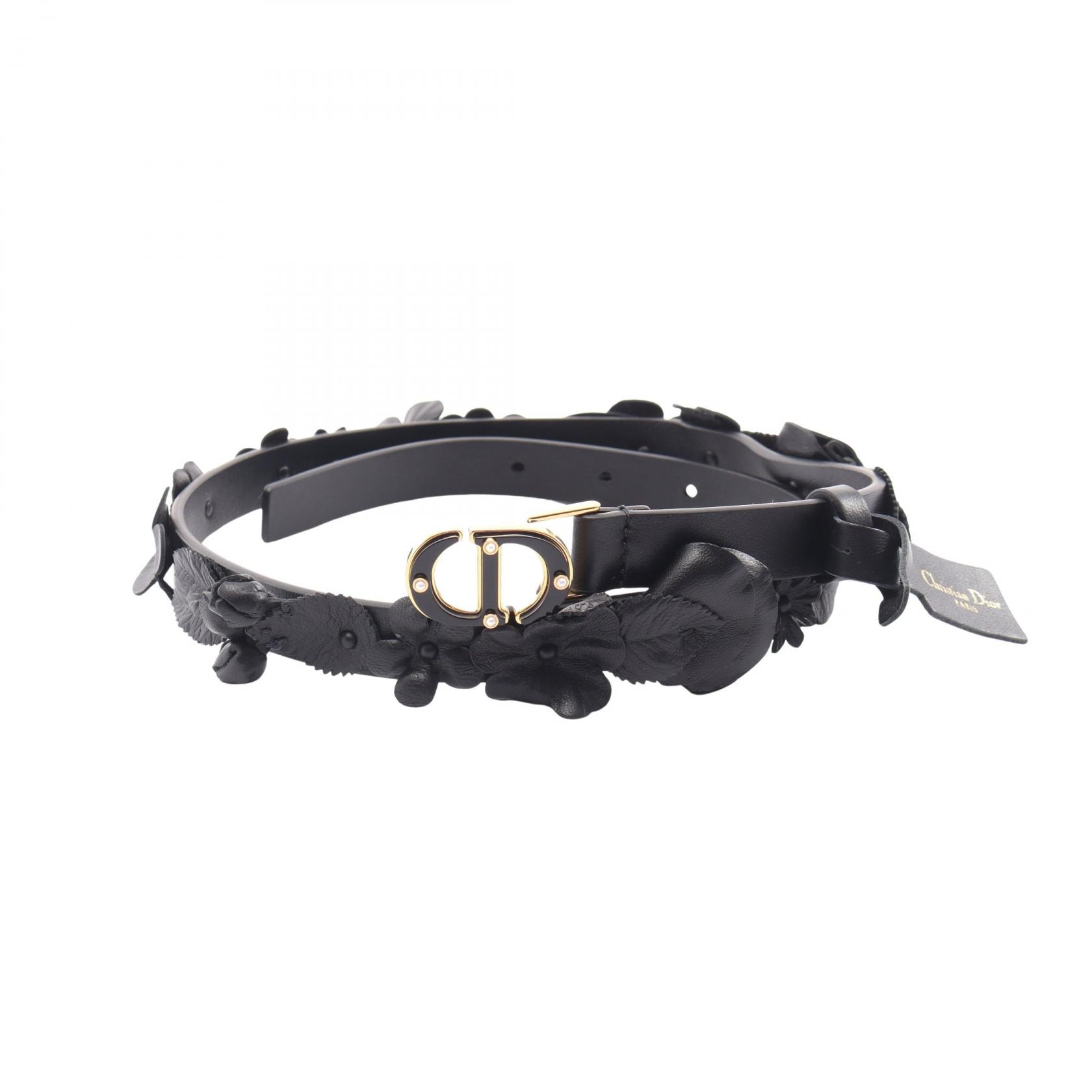 ディオール Dior CDロゴバックル フラワー ゴールド金具 ベルト 衣料品 レザー レディース ブラック系 【中古】