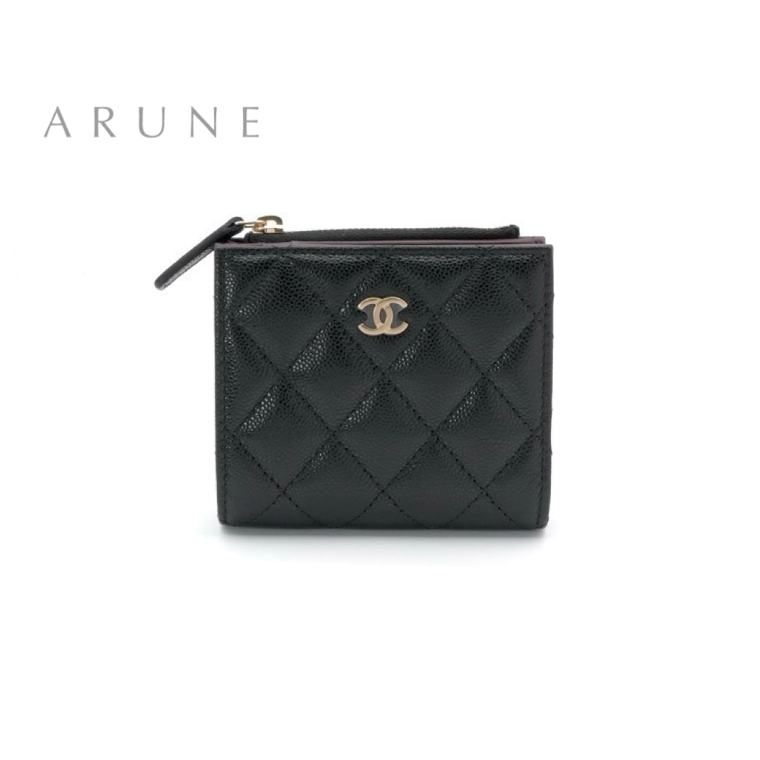 シャネル CHANEL 財布 二つ折り財布 ミニ財布 ミニウォレット キャビアスキン ブラック ゴールド 未使用 マトラッセ ココマーク コンパクトウォレット