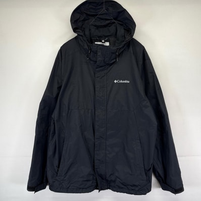 古着 コロンビア Columbia ジャケット フルジップ ワンポイントロゴ アウトドア ドローコード XL ブラック系 メンズ