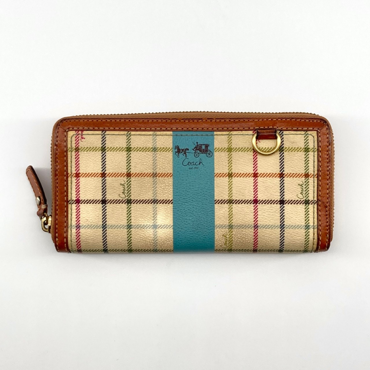 COACH(コーチ) ヘリテージ ラウンドファスナー ストライプ 長財布 ベージュ×ブルー