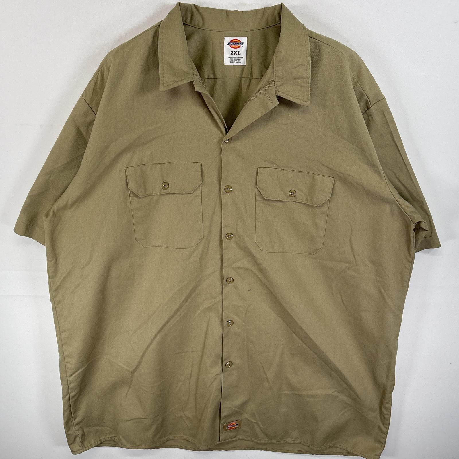 古着 ディッキーズ Dickies 半袖シャツ フラップポケ ワークシャツ ワンポイント ロゴ 2XL  ベージュ 無地 メンズ