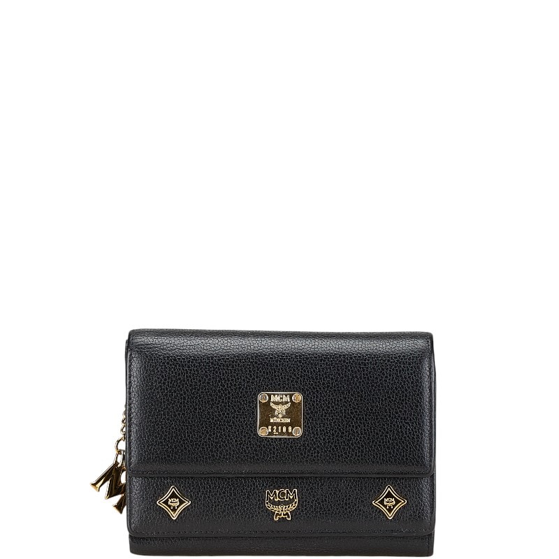 エム シー エム ロゴ金具 三つ折り財布 ブラック レザー レディース MCM 【中古】