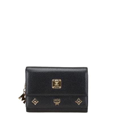 エム シー エム ロゴ金具 三つ折り財布 ブラック レザー レディース MCM 【中古】