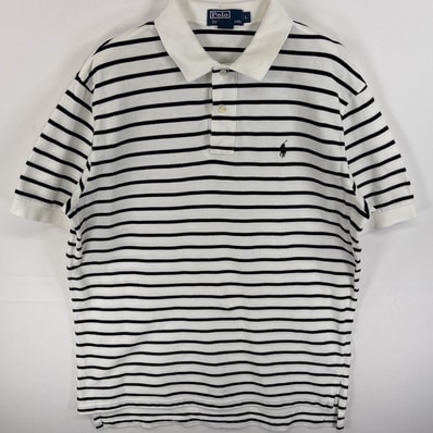古着 90's/90年代 ポロバイラルフローレン Polo by Ralph Lauren ポロシャツ ワンポイント ロゴ 刺繍 2ボタン スリット L ホワイト系 ボーダー メンズ