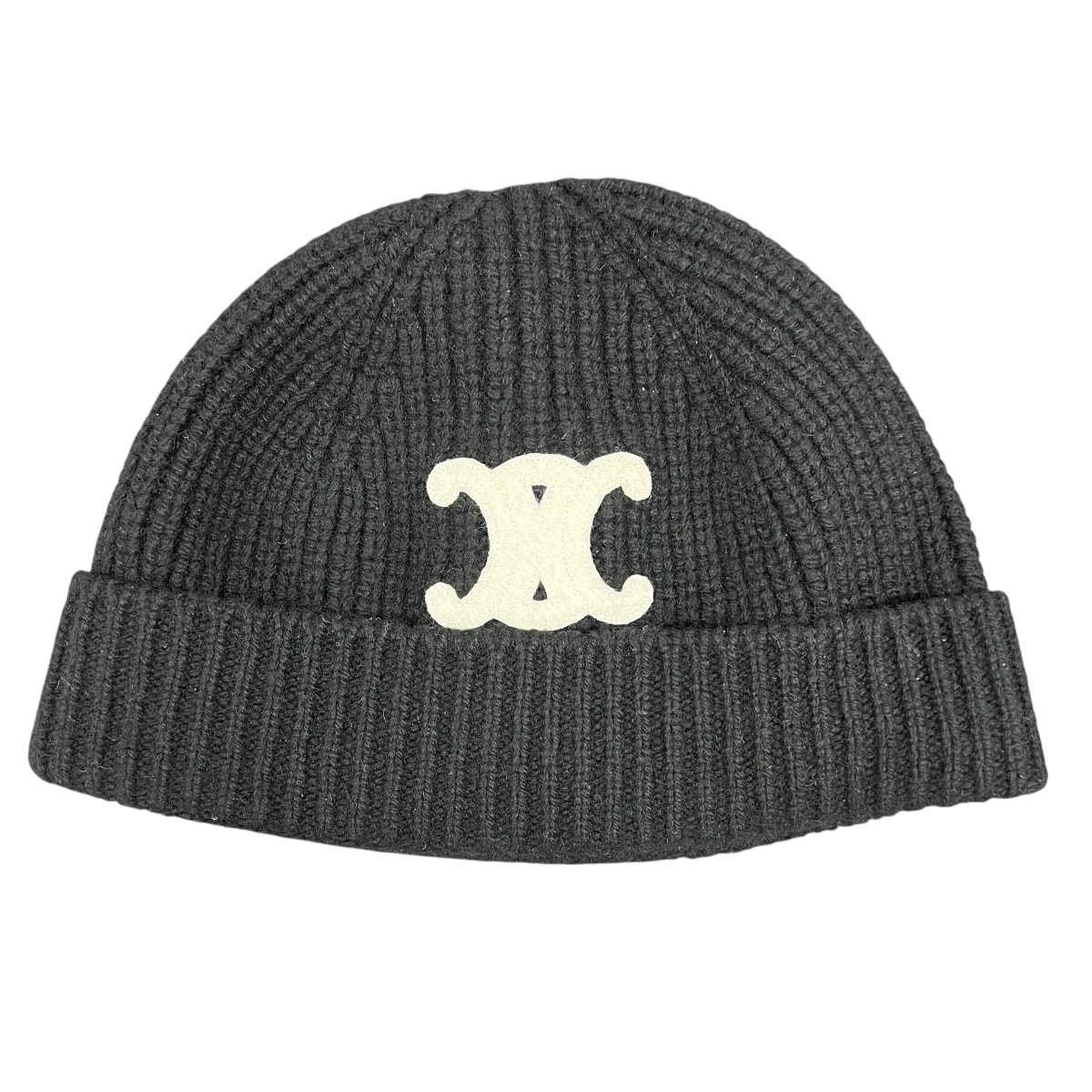 CELINE 極美品 セリーヌ トリオンフ カシミヤ ビーニー 2AA32384D ニットキャップ ニット帽 ブラック ホワイト 帽子 ロゴ マカダム 刺繍 Aランク 中古 鑑定済 セリーヌニット帽