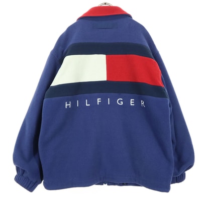 TOMMY HILFIGER トミーヒルフィガー 90s オールド フラッグタグ ワンポイントロゴ 長袖 トリコカラー フリースジャケット M ブルー