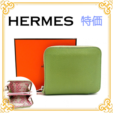 ■特価■ HERMES エルメス アザップコンパクト シルクイン コインケース グリーン ピンク レザー 小銭入れ レディース 箱付き シルバー金具