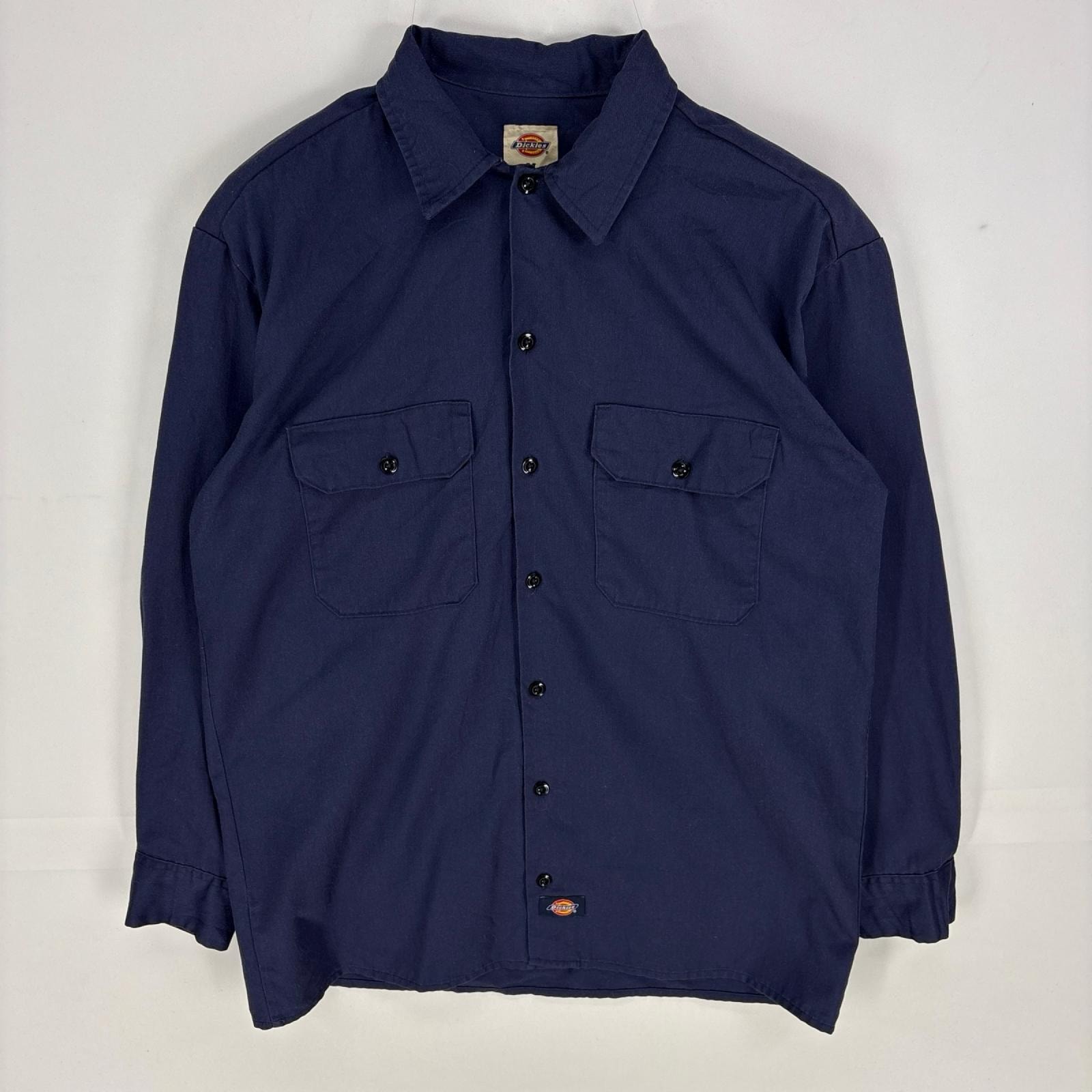 古着 ディッキーズ Dickies 長袖シャツ ワーク ロングスリーブ 胸ポケット 作業着 M  ネイビー系 無地 メンズ